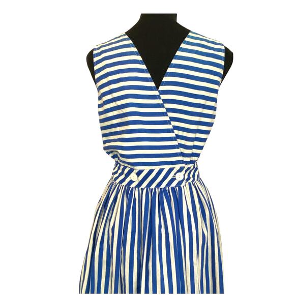 Vintage Alison J. blue and white striped fit and flare wrap dress  SZ 10 - Picture 2 of 5